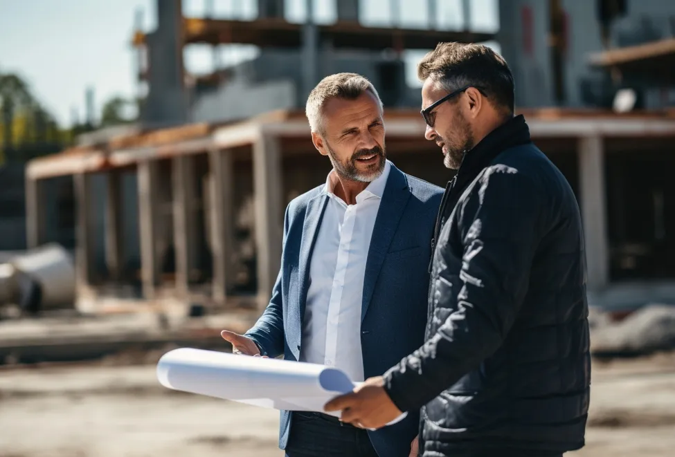 Profesionales revisando planos en obra